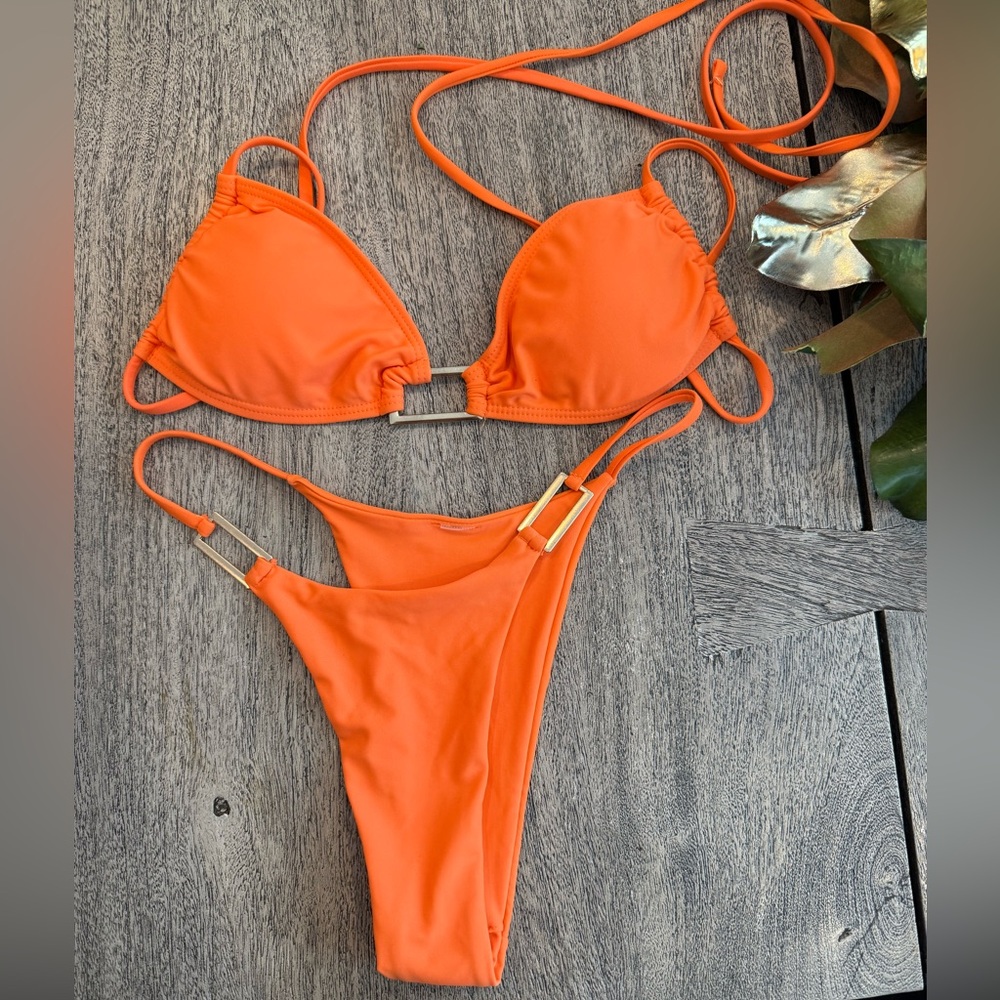Orange Women's Bikini with Gold Metal Accents Size S